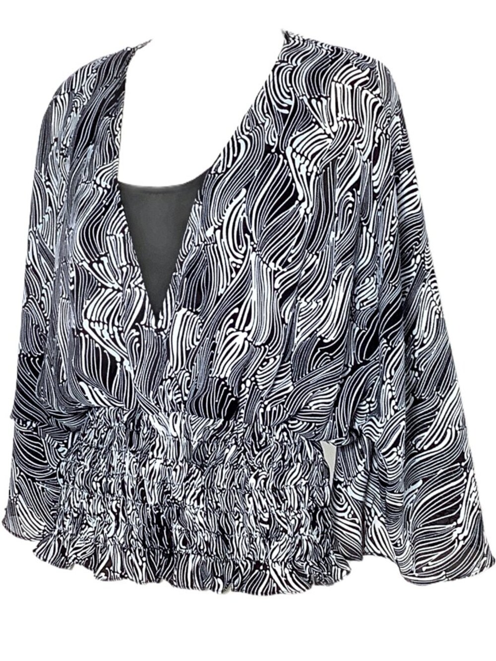 Allison Taylor L Top Blouse Tank Drop Waist Shirred Black White Abstract Ruffle - Picture 7 of 12